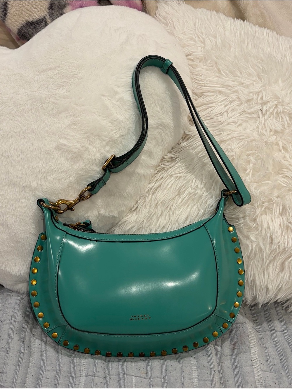 Isabel Marant Oskan Moon Studded Leather Shoulder Bag Dusty Green - Picture 1 of 6